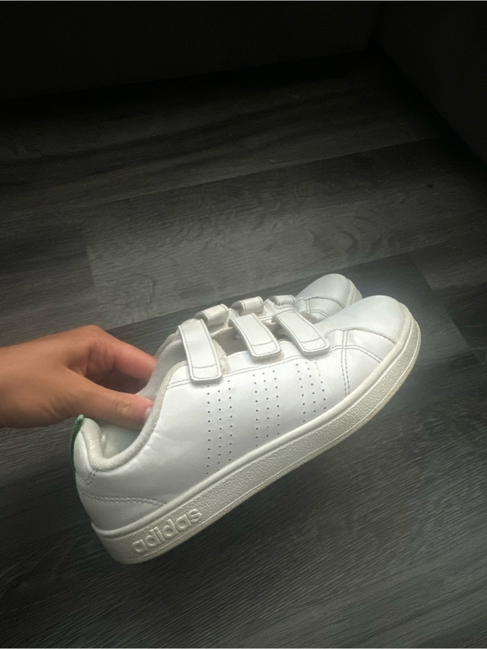 adidas Kids White Velcro Sneaker with Green Heel Tab